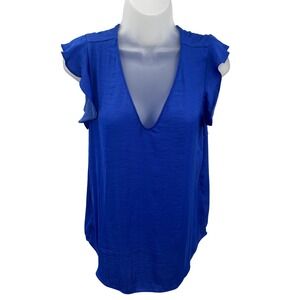 Gemma Royal Blue Satin Weave V-Neck Ruffle Cap Sleeve Blouse Top Womens Medium